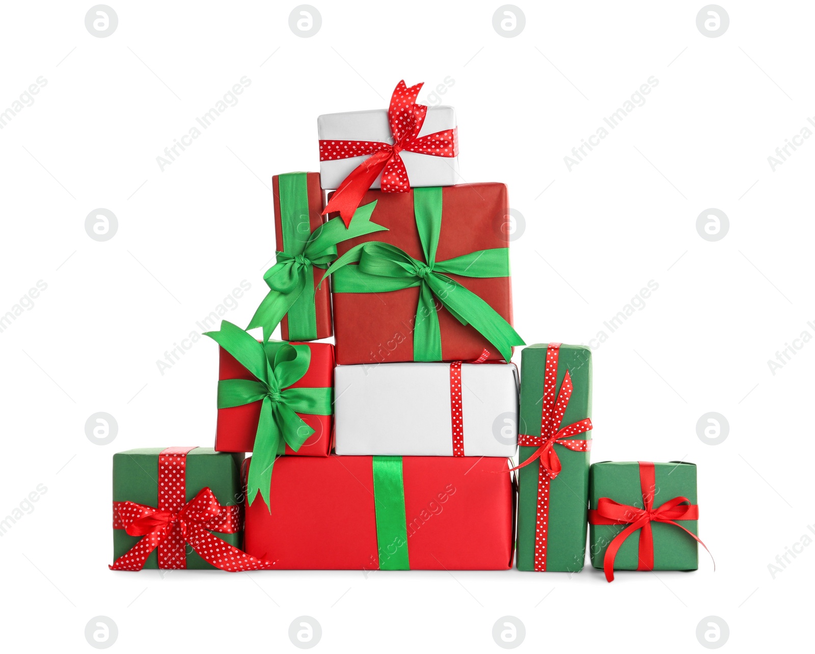 Photo of Different Christmas gift boxes on white background