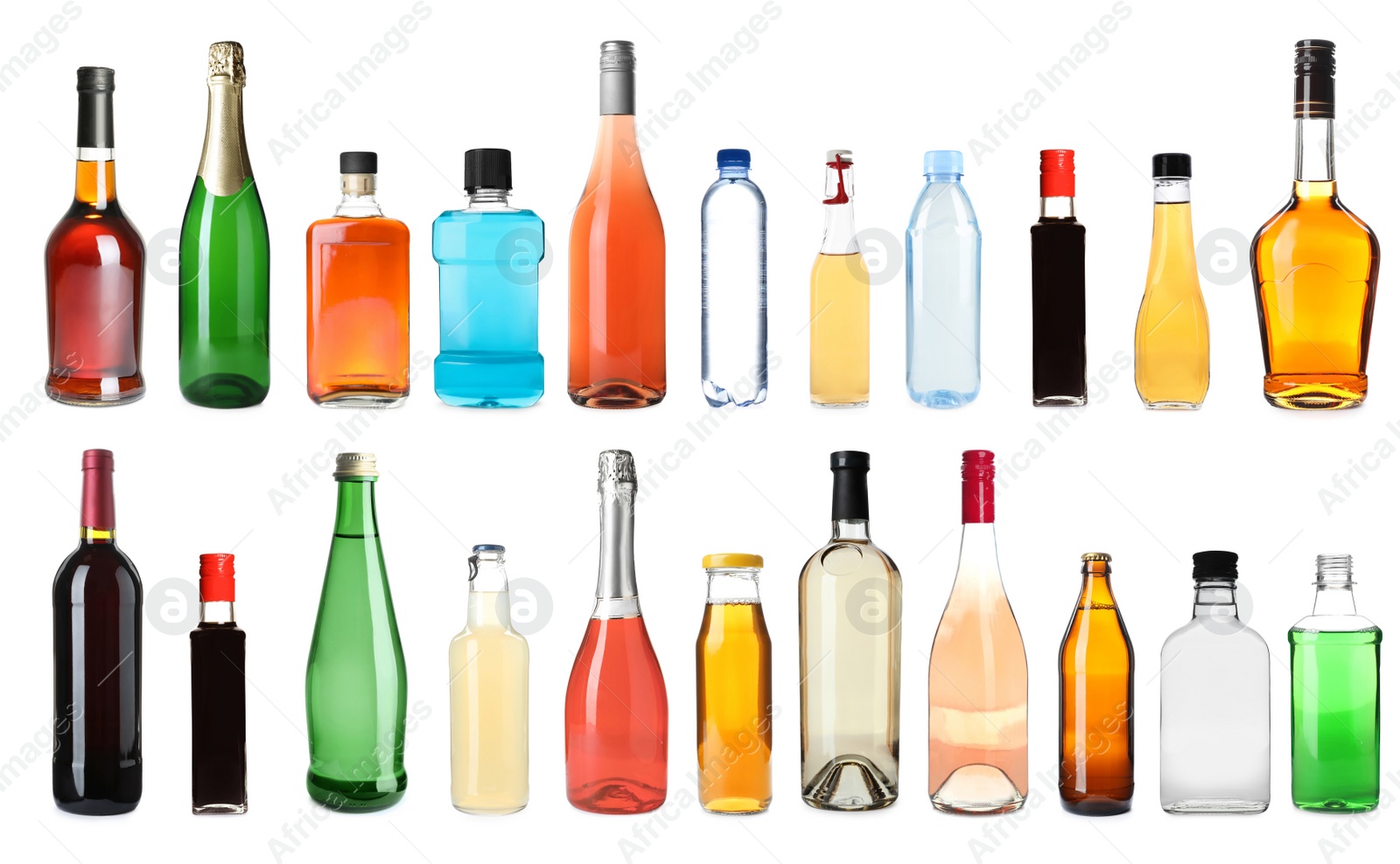 Image of Set of bottles with different liquids on white background. Banner design