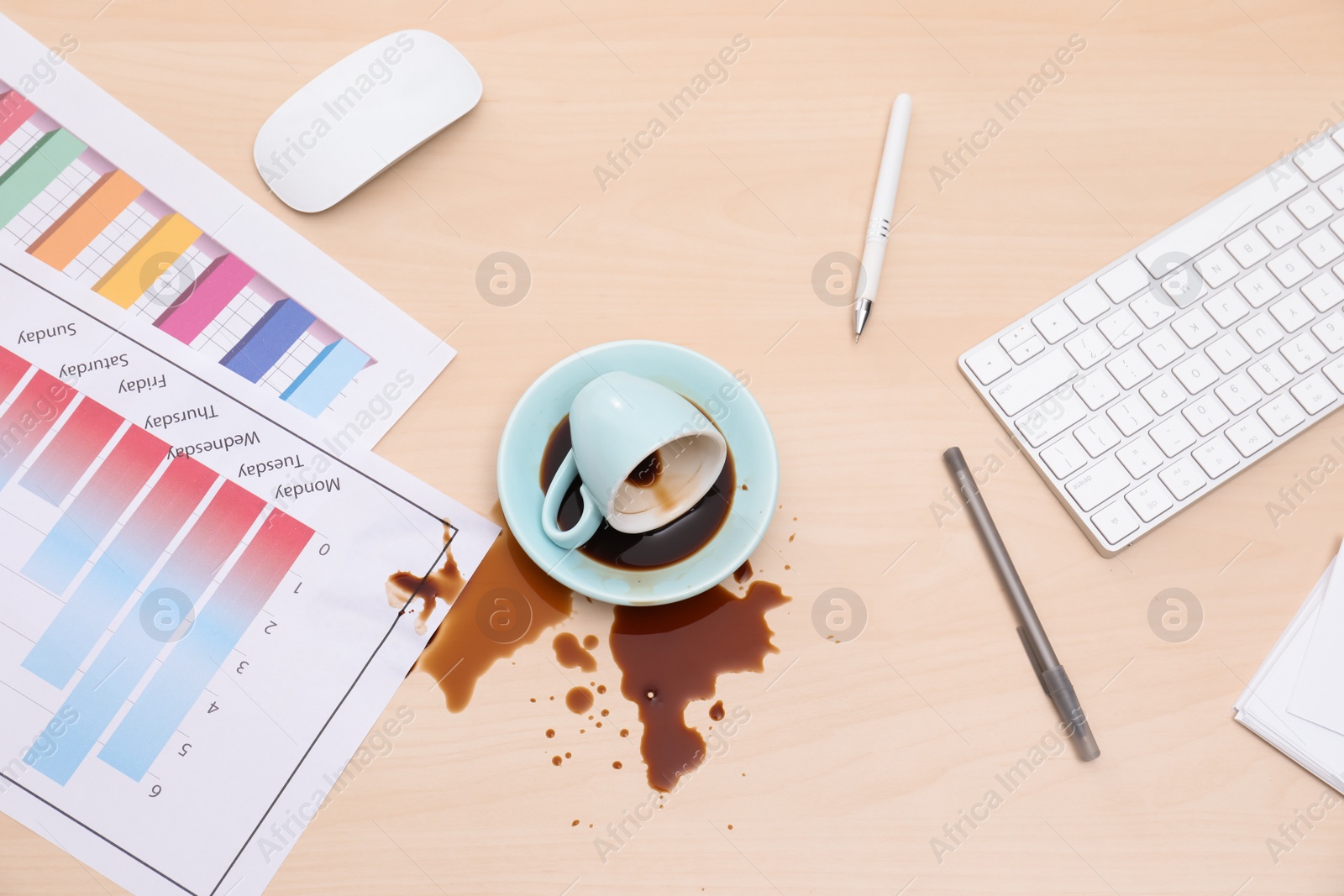 Photo of Cup with saucer and coffee spill on wooden office desk, flat lay