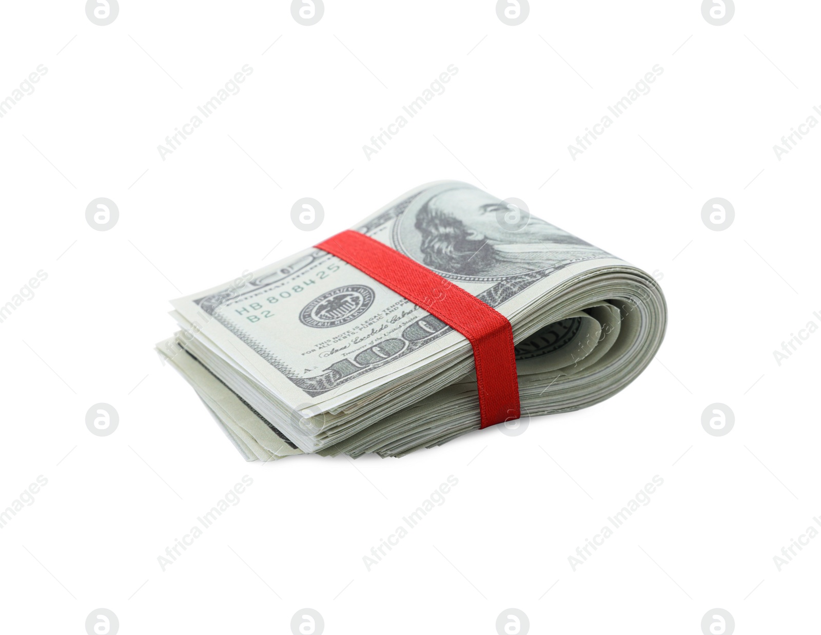 Photo of Dollar banknotes with red ribbon isolated on white