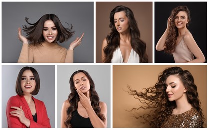 Image of Beautiful women with hairstylings on different color backgrounds. Collage of photos