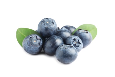 Photo of Fresh raw tasty blueberries with leaves isolated on white