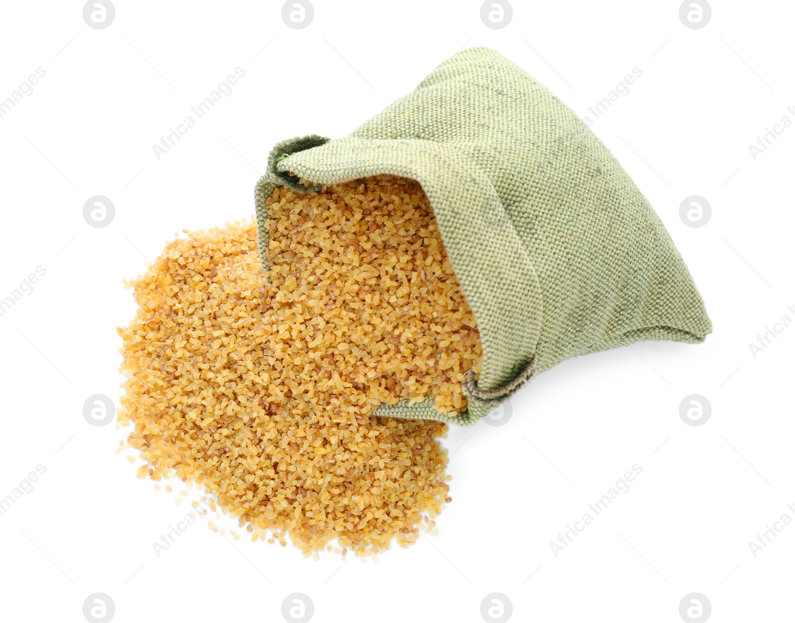 Photo of Overturned sack with uncooked bulgur on white background