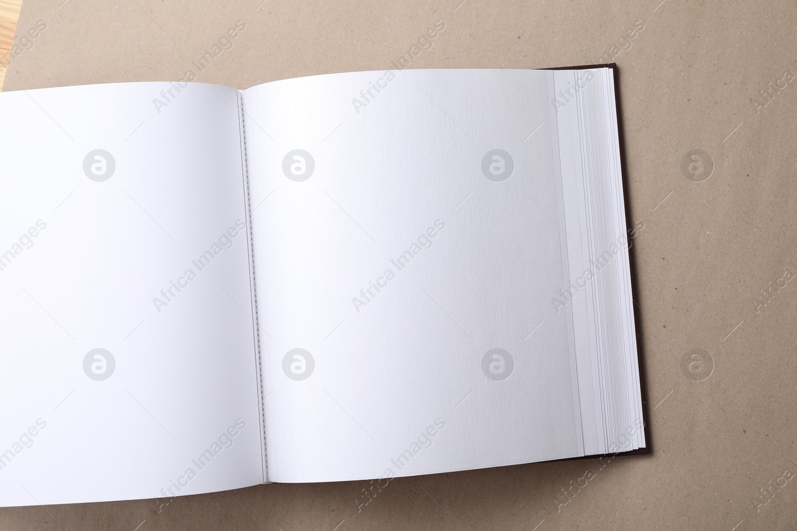 Photo of One open photo album on color background, top view. Space for text