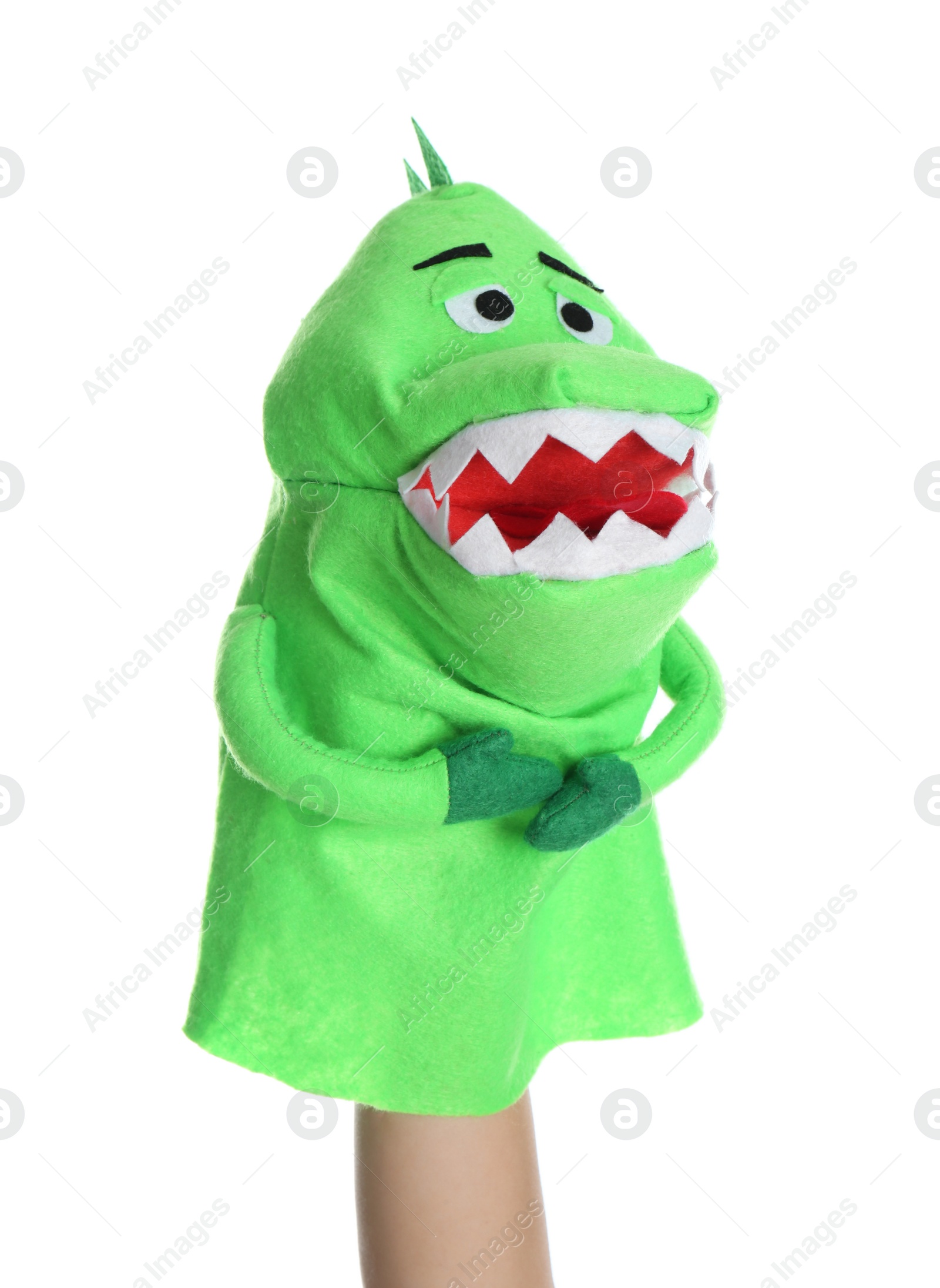 Photo of Dinosaur puppet for show on hand against white background