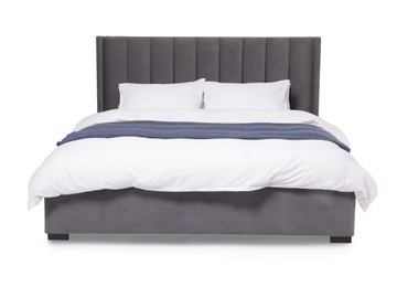 Photo of Comfortable gray bed with linens on white background