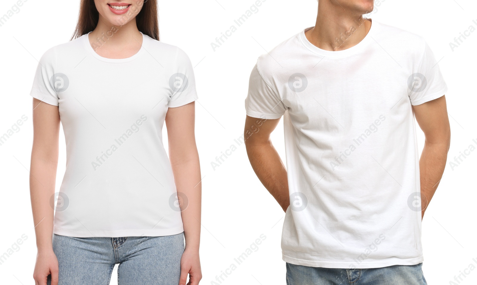 Image of People wearing casual t-shirts on white background, closeup. Mockup for design