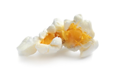 Photo of Delicious salty popcorn on white background