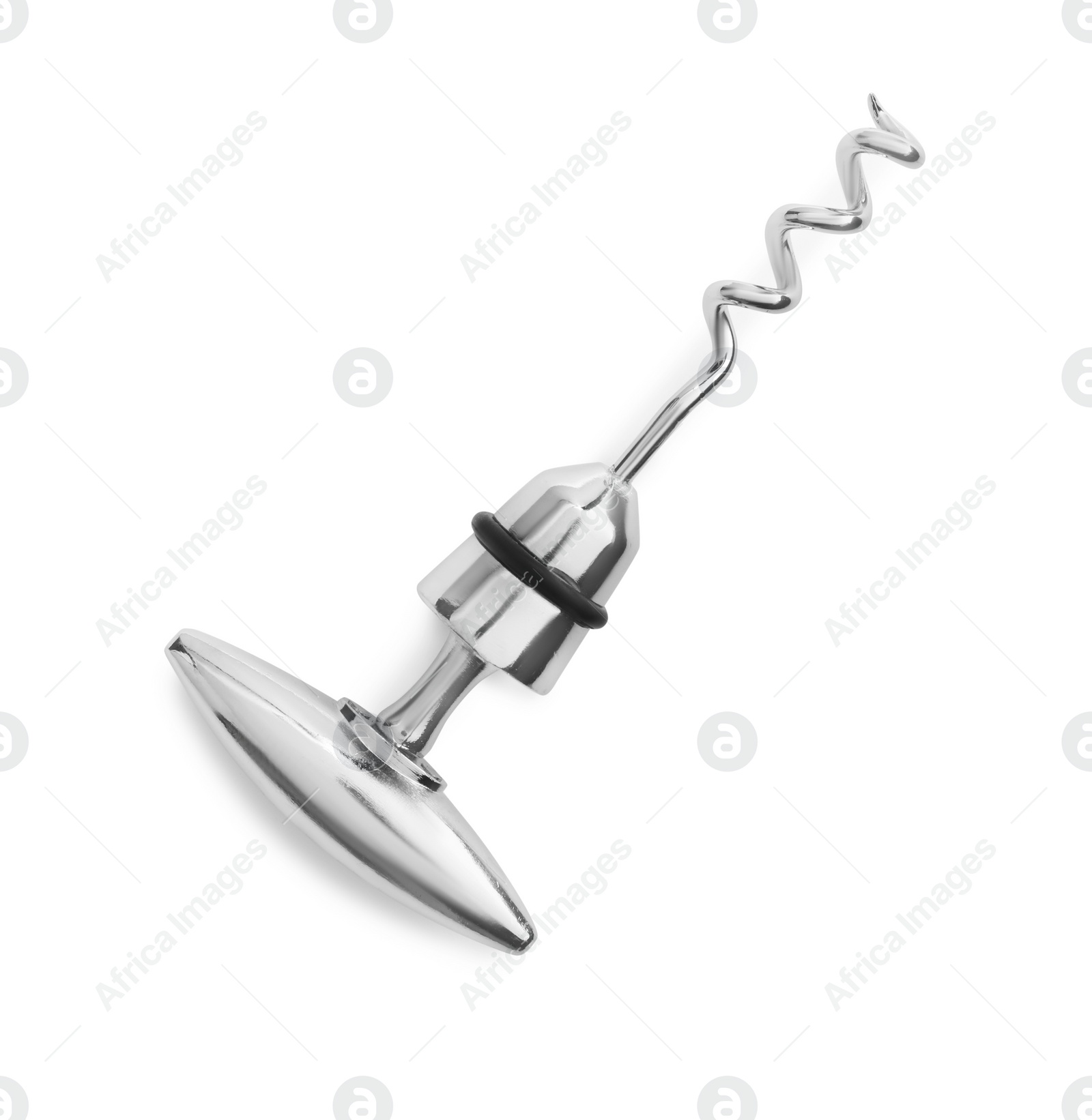 Photo of One metal corkscrew isolated on white, top view