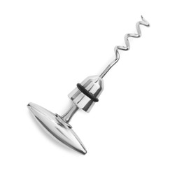 Photo of One metal corkscrew isolated on white, top view