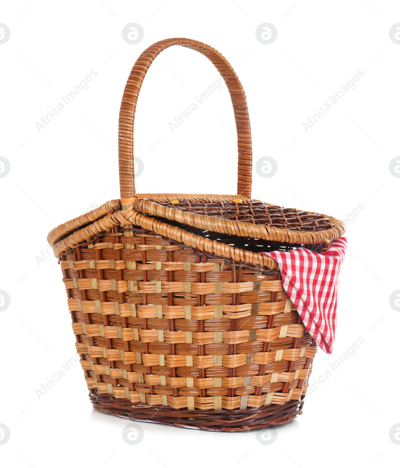 Photo of Wicker basket for picnic on white background