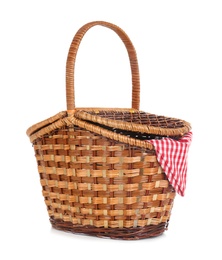 Photo of Wicker basket for picnic on white background