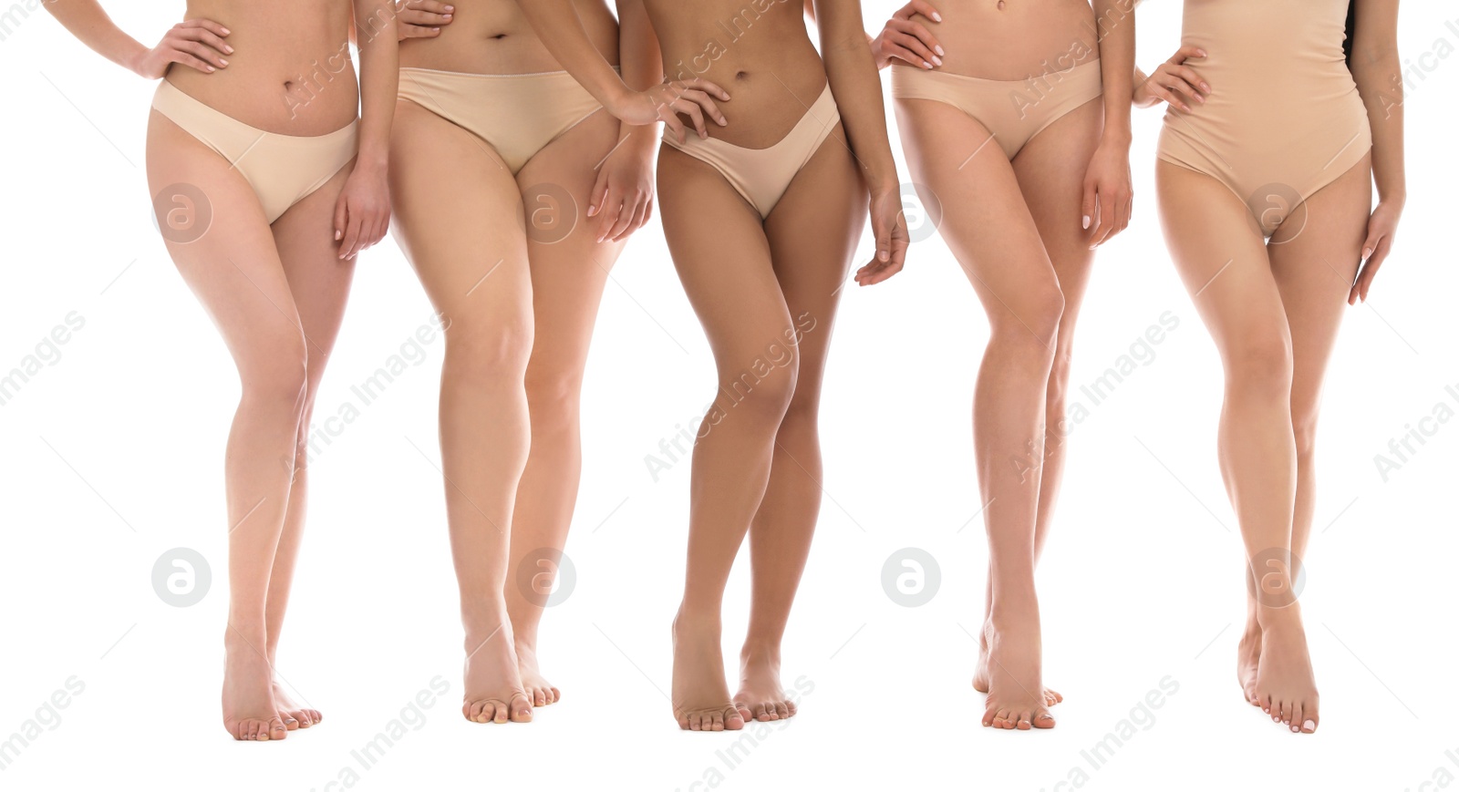 Photo of Group of women with different body types in underwear on white background, closeup