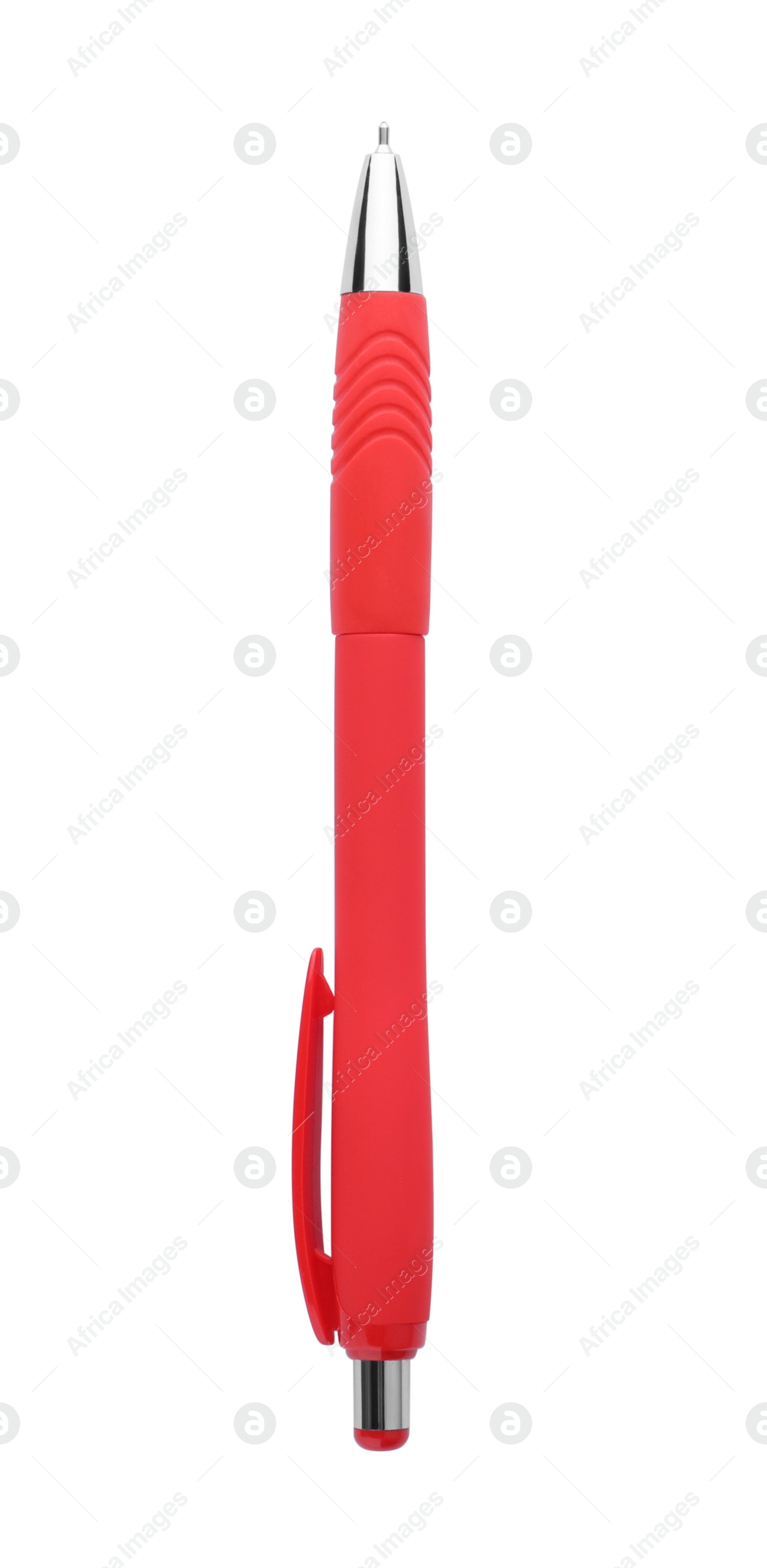 Photo of Red retractable pen isolated on white.  School stationery