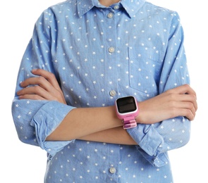 Photo of Girl  with stylish smart watch on white background, closeup