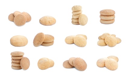 Image of Set with tasty sugar cookies on white background