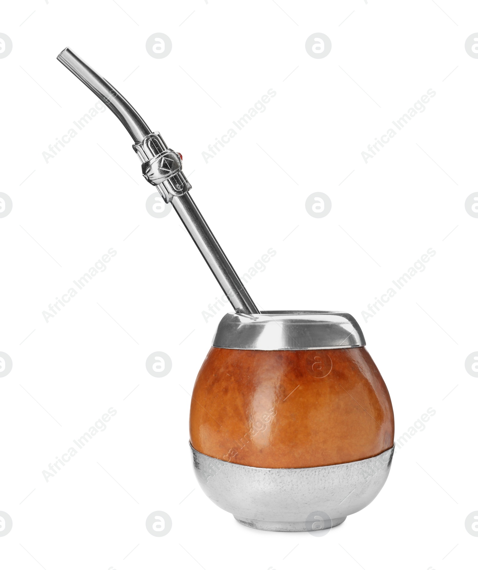 Photo of Calabash and bombilla with mate tea on white background