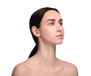 Attractive woman with perfect skin after cosmetic treatment on white background. Lifting arrows on her face