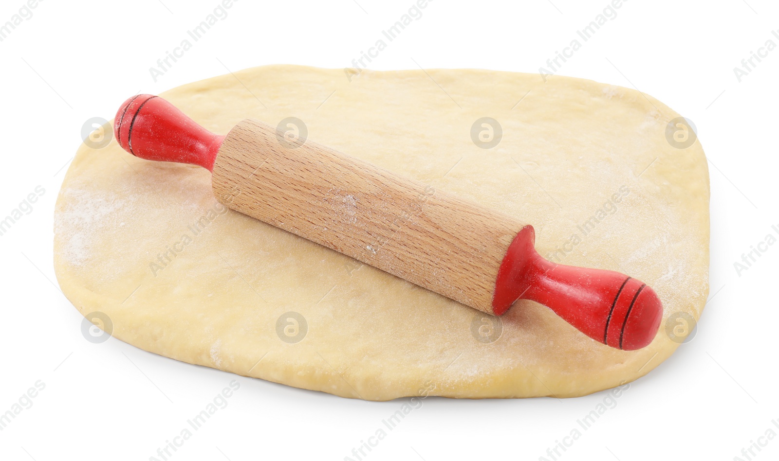 Photo of Raw dough and rolling pin isolated on white