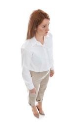 Young woman on white background, above view