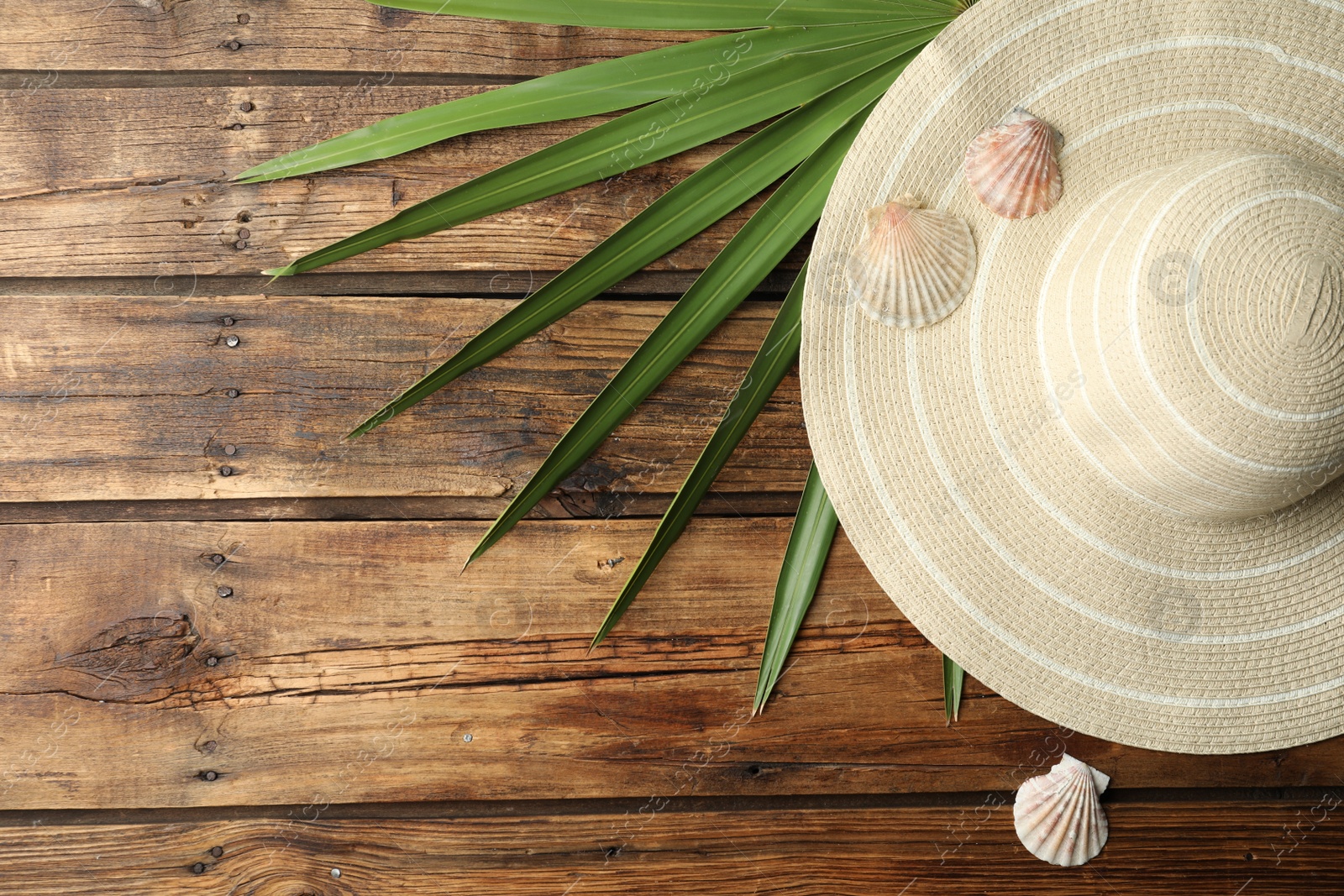 Photo of Flat lay composition with hat on wooden background, space for text. Beach objects