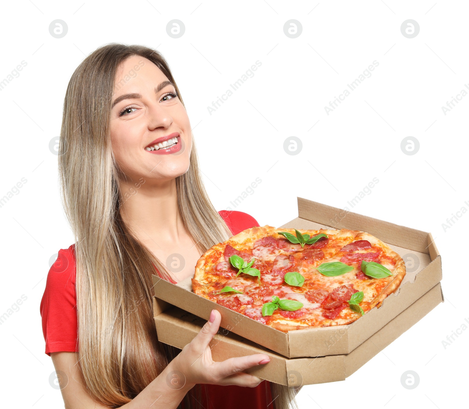 Photo of Attractive young woman with delicious pizza on white background