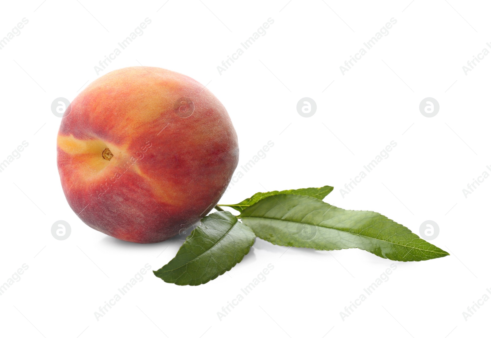 Photo of Delicious ripe juicy peach with leaves isolated on white