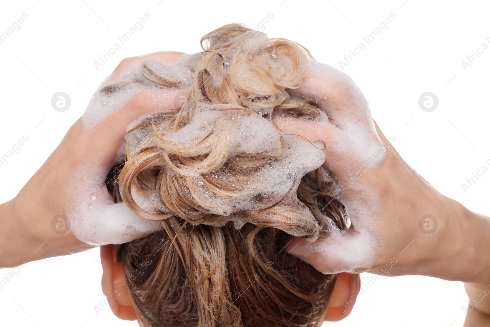 Photo of Woman washing hair on white background, back view