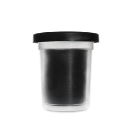 Plastic container of black play dough isolated on white