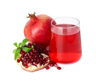 Photo of Refreshing pomegranate juice in glass, leaves and fruit isolated on white