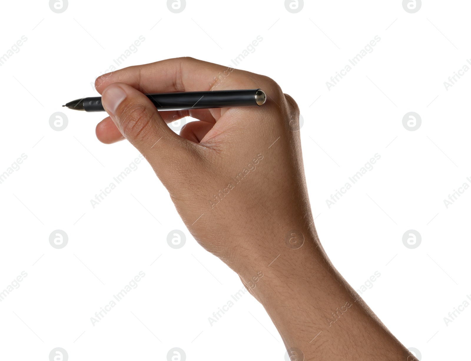 Photo of Man holding pen on white background, closeup of hand