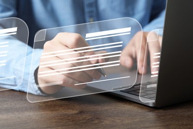 Electronic signature. Man using virtual screen over laptop at wooden table, closeup