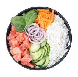 Delicious poke bowl with salmon and vegetables isolated on white, top view