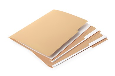 Photo of Stack of yellow files with documents on white background