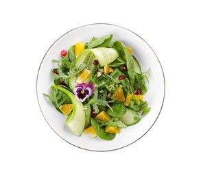 Delicious salad with cucumber and orange slices isolated on white, top view