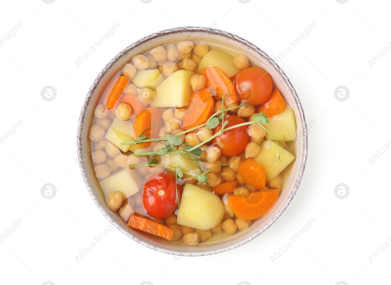 Photo of Tasty chickpea soup in bowl on white background, top view