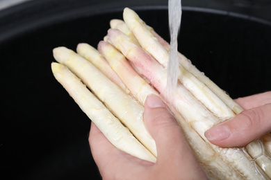 Photo of Woman washing fresh white asparagus over sink, closeup