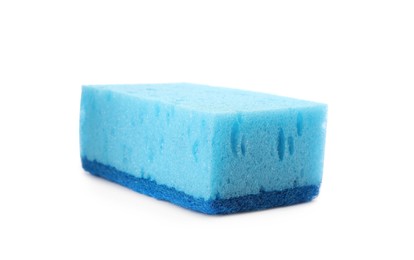 Photo of Light blue cleaning sponge with abrasive scourer isolated on white