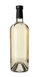 Photo of Bottle of expensive wine on white background