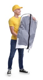 Dry-cleaning delivery. Happy courier holding garment cover with clothes on white background