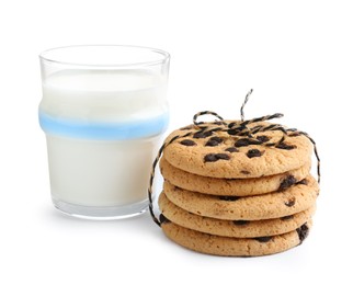 Photo of Stack of delicious chocolate chip cookies and glass of milk isolated on white