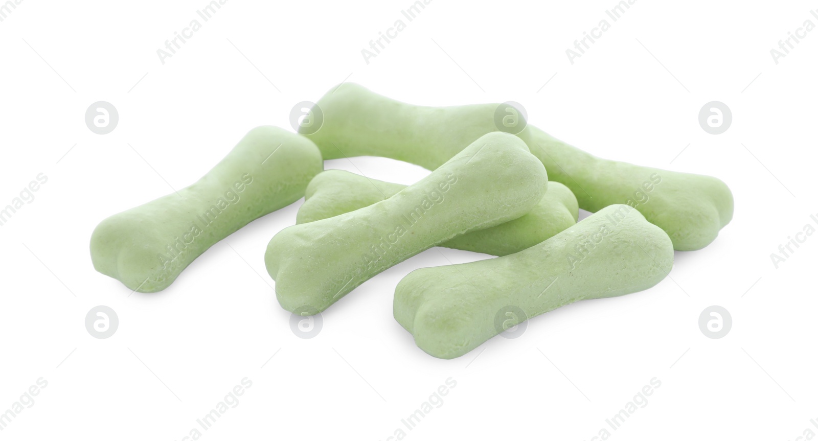 Photo of Bone shaped dog cookies on white background