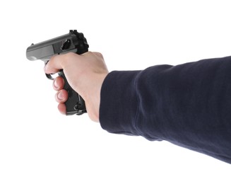 Photo of Man aiming gun on white background, closeup
