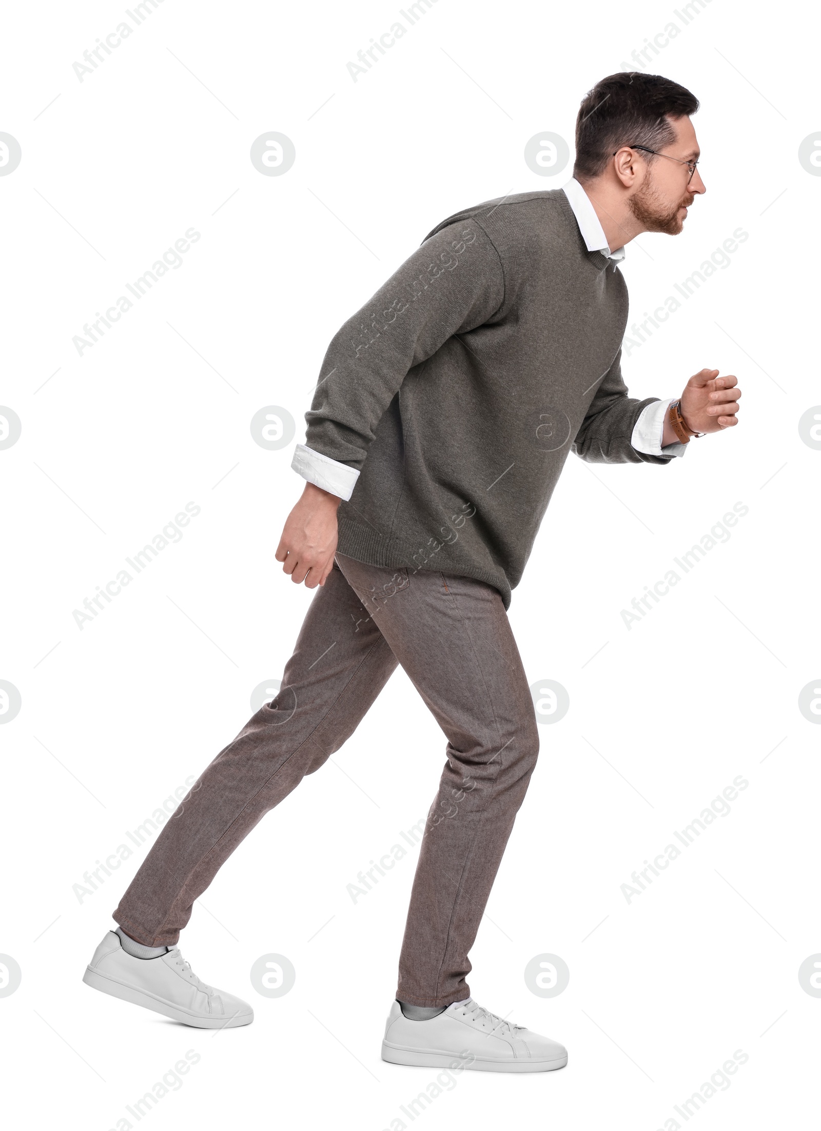 Photo of Handsome bearded businessman in eyeglasses on white background