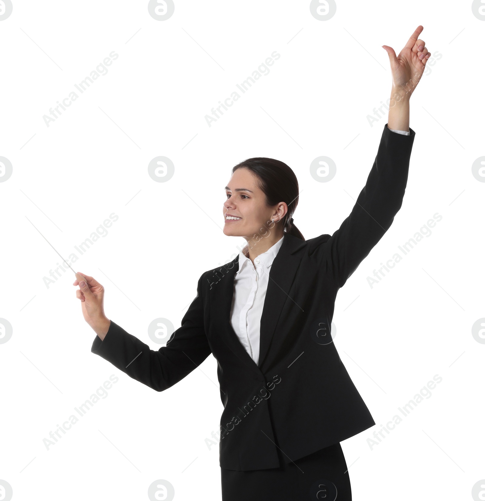 Photo of Happy young conductor with baton on white background