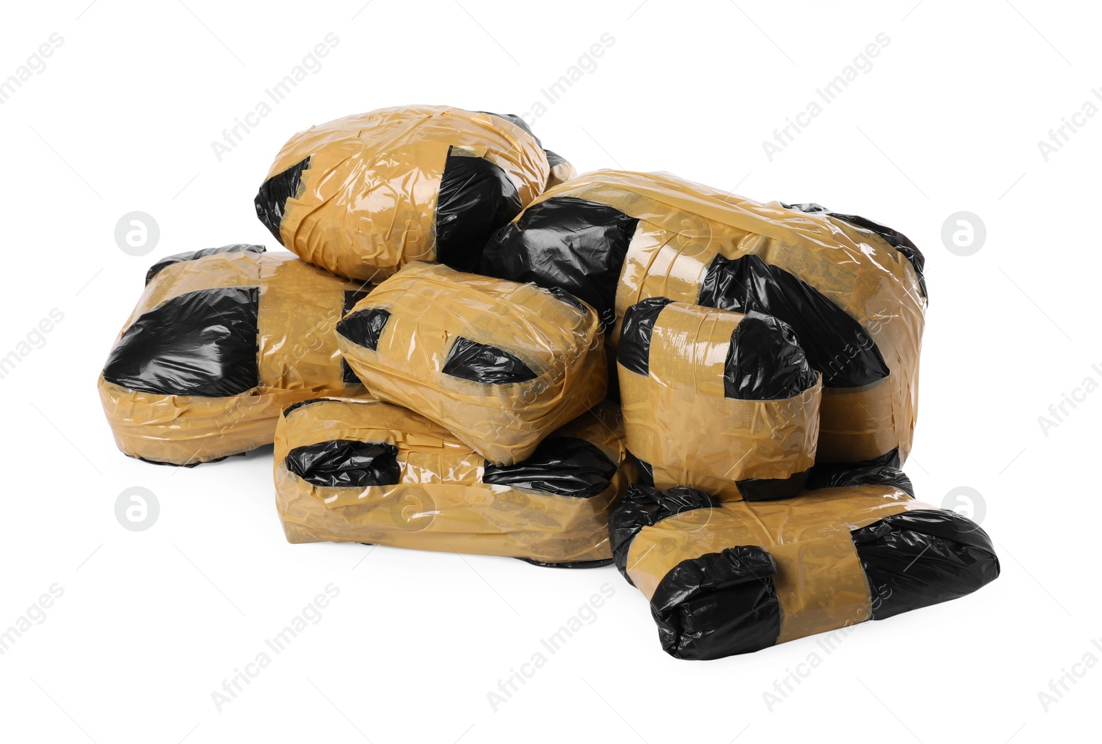 Photo of Packages with narcotics isolated on white. Drug addiction