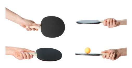 Collage with photos of women holding ping pong rackets and balls on white background