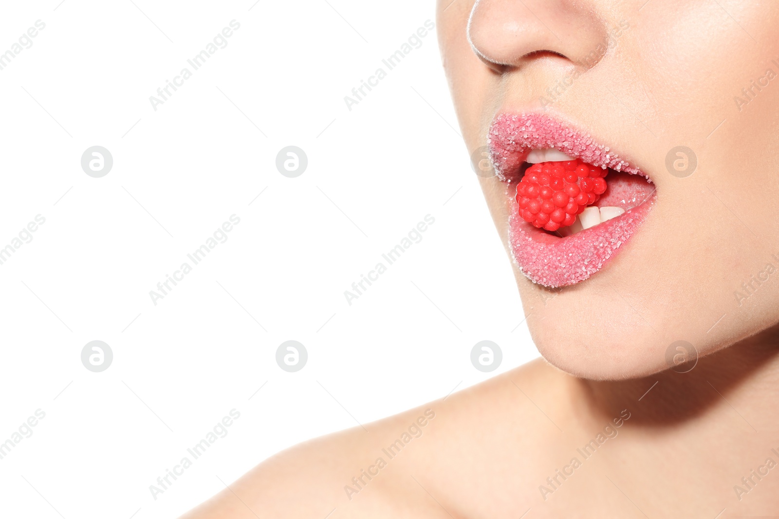 Photo of Beautiful young model with creative lips makeup on white background