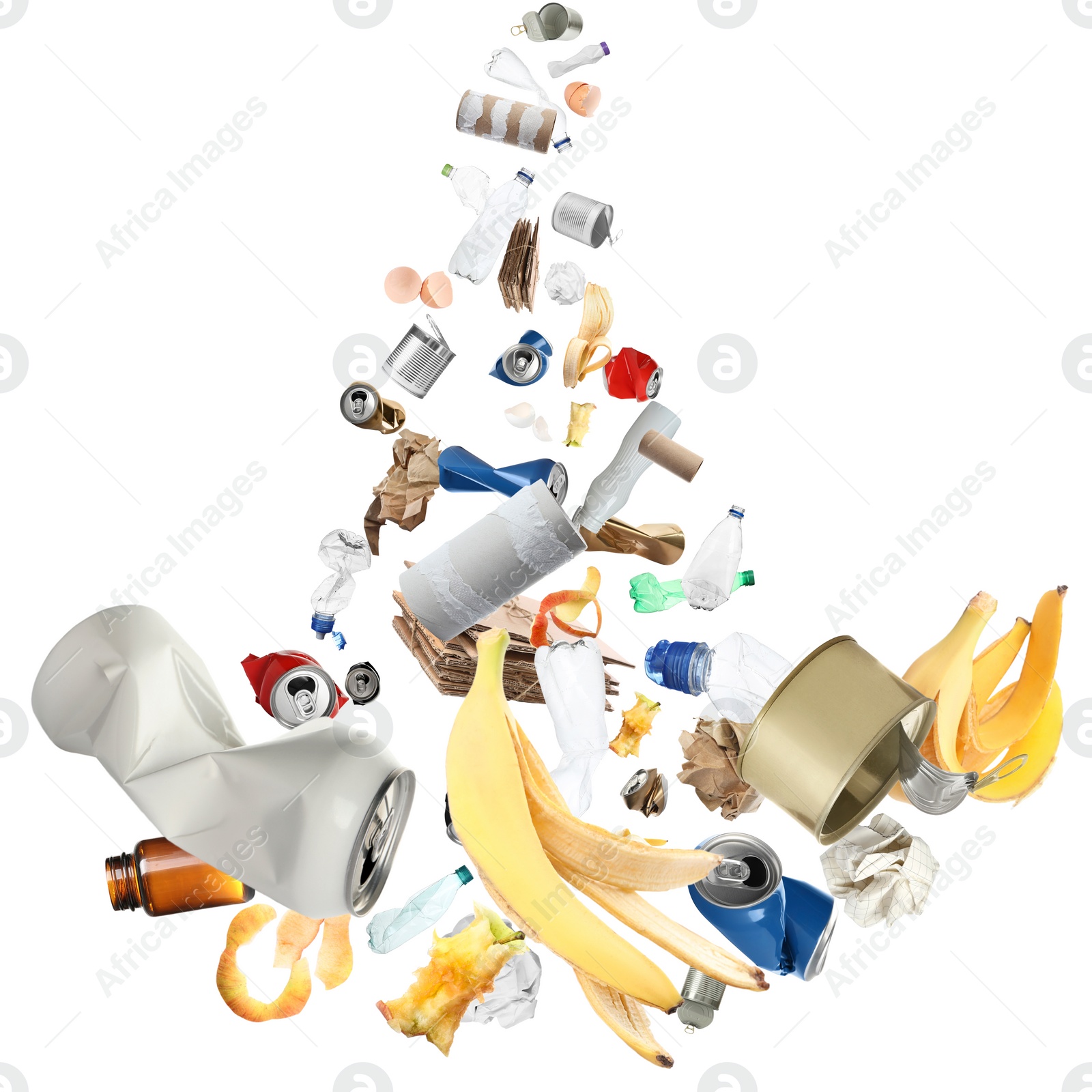 Image of Lots of different garbage flying on white background