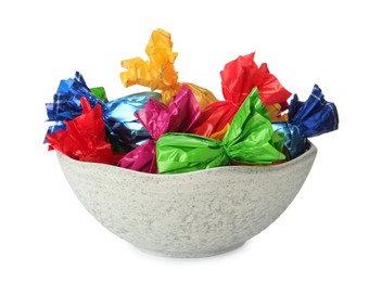 Photo of Bowl with candies in colorful wrappers isolated on white